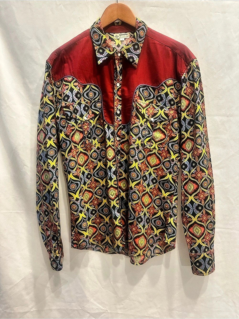 Apsara Geometric Cotton Button Down in Red & Black Size Large, mens